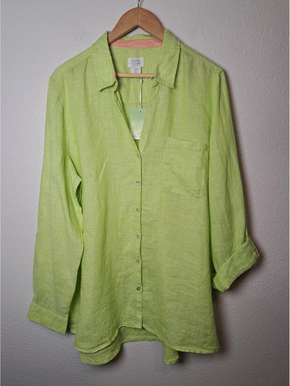 Sigrid Olsen Lime Green Linen Long Sleeve Button Up Shirt Womens Size XL